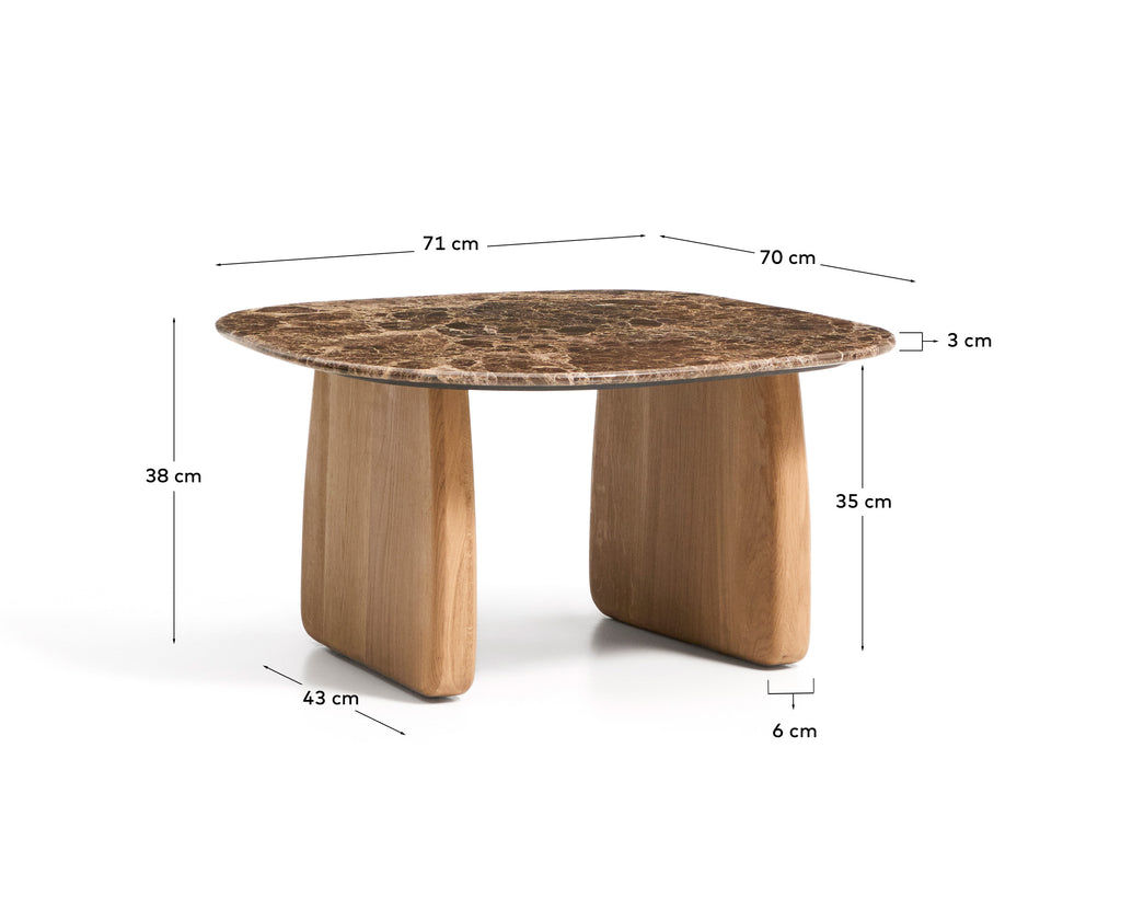Mesa auxiliar Pirita de mármol marrón y patas de madera maciza de roble acabado tono natural 71 x 70 cm FSC 100%