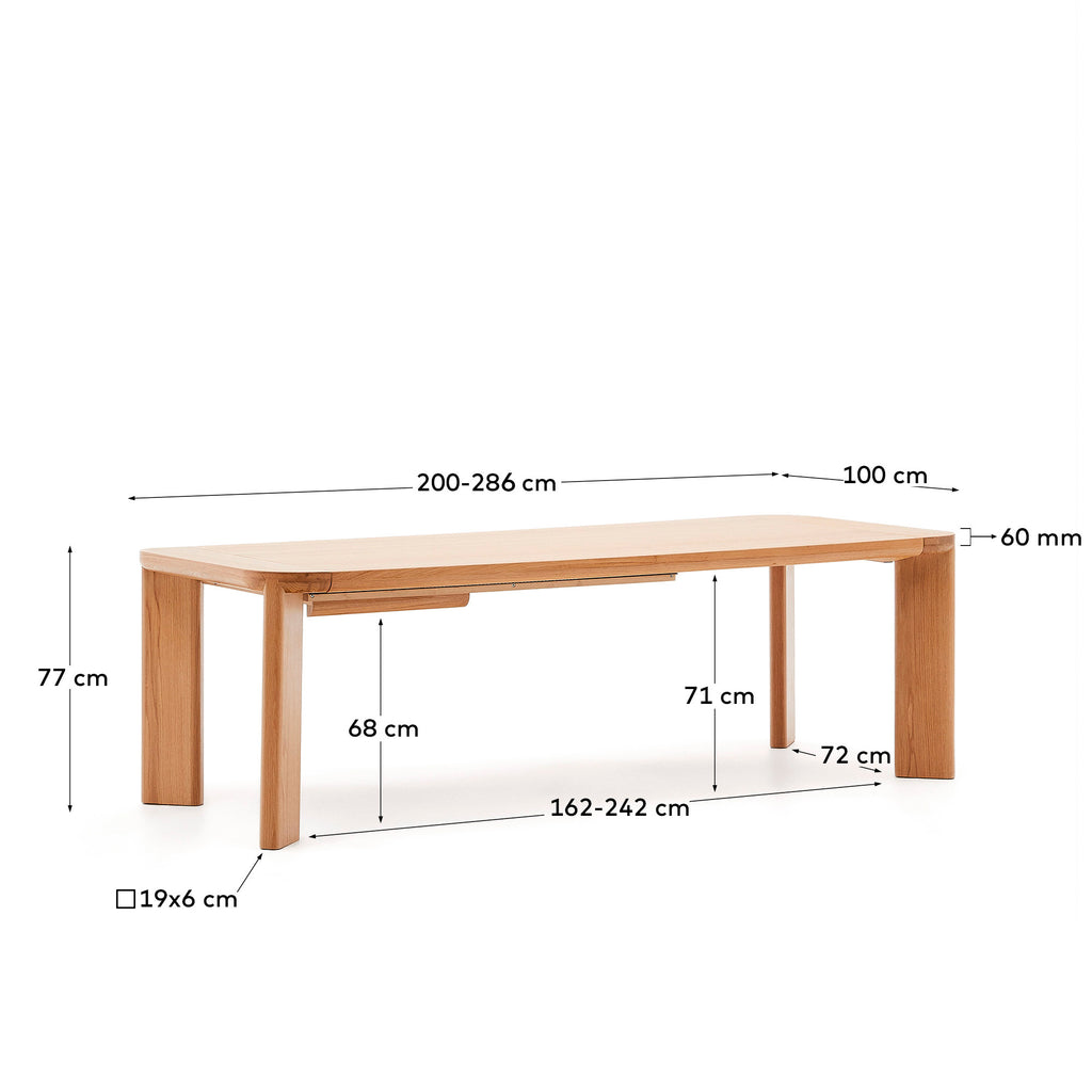 Taula extensible Jondal de fusta massissa i xapa de roure FSC 100%, 200 (286) x 100 cm