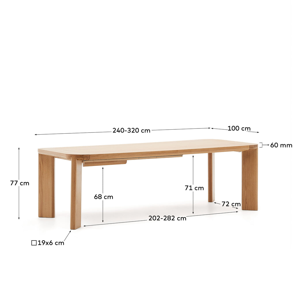 Taula extensible Jondal de fusta massissa i xapa de roure FSC 100%, 240 (320) x 100 cm