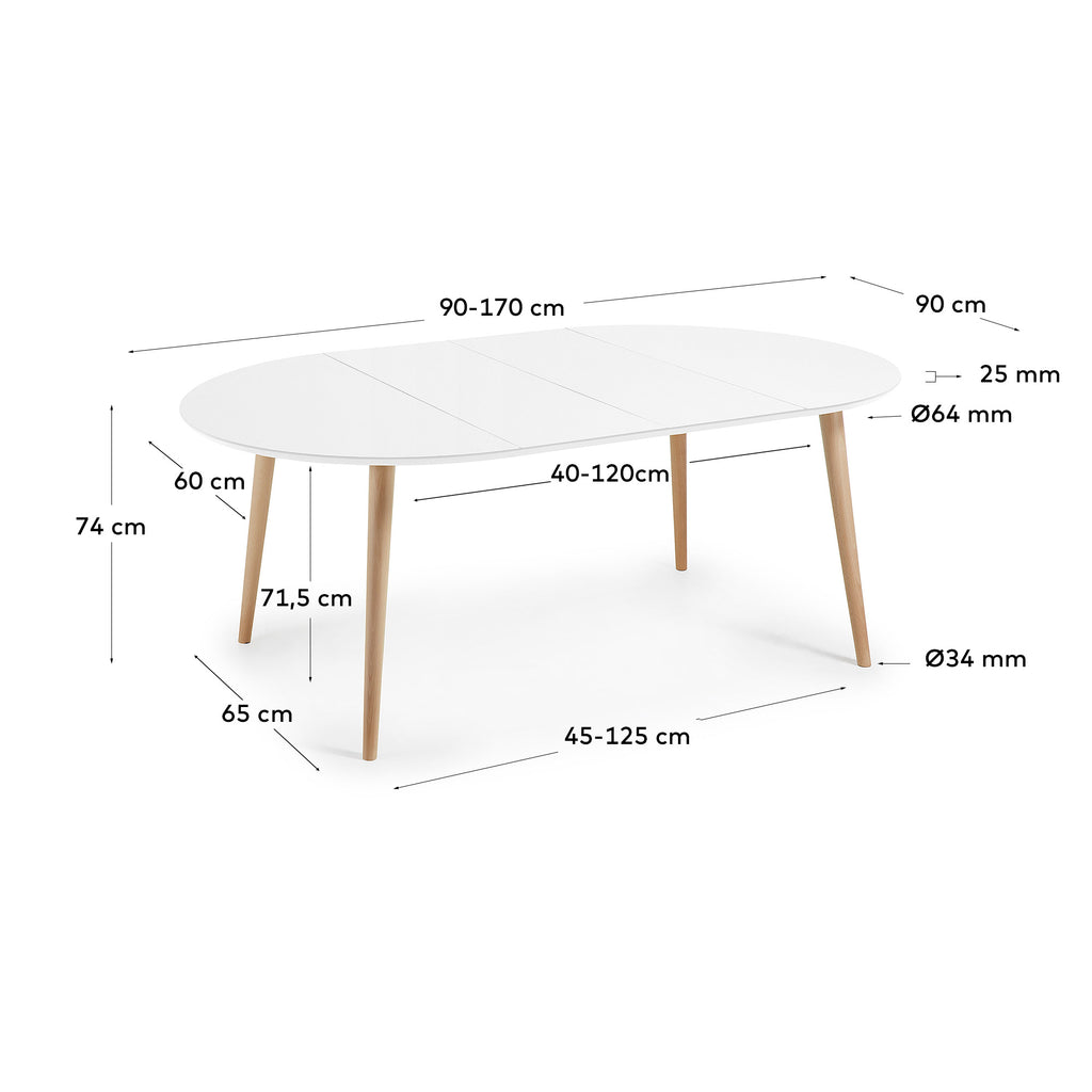 Taula extensible rodona Oqui MDF lacat blanc i potes de fusta massissa faig 90 (170) x 90 cm