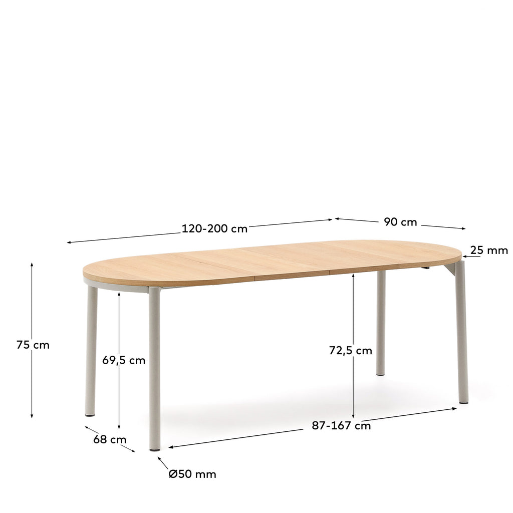 Table extensible Montuiri en placage de chêne et pieds en acier gris 120(200) x 90 cm
