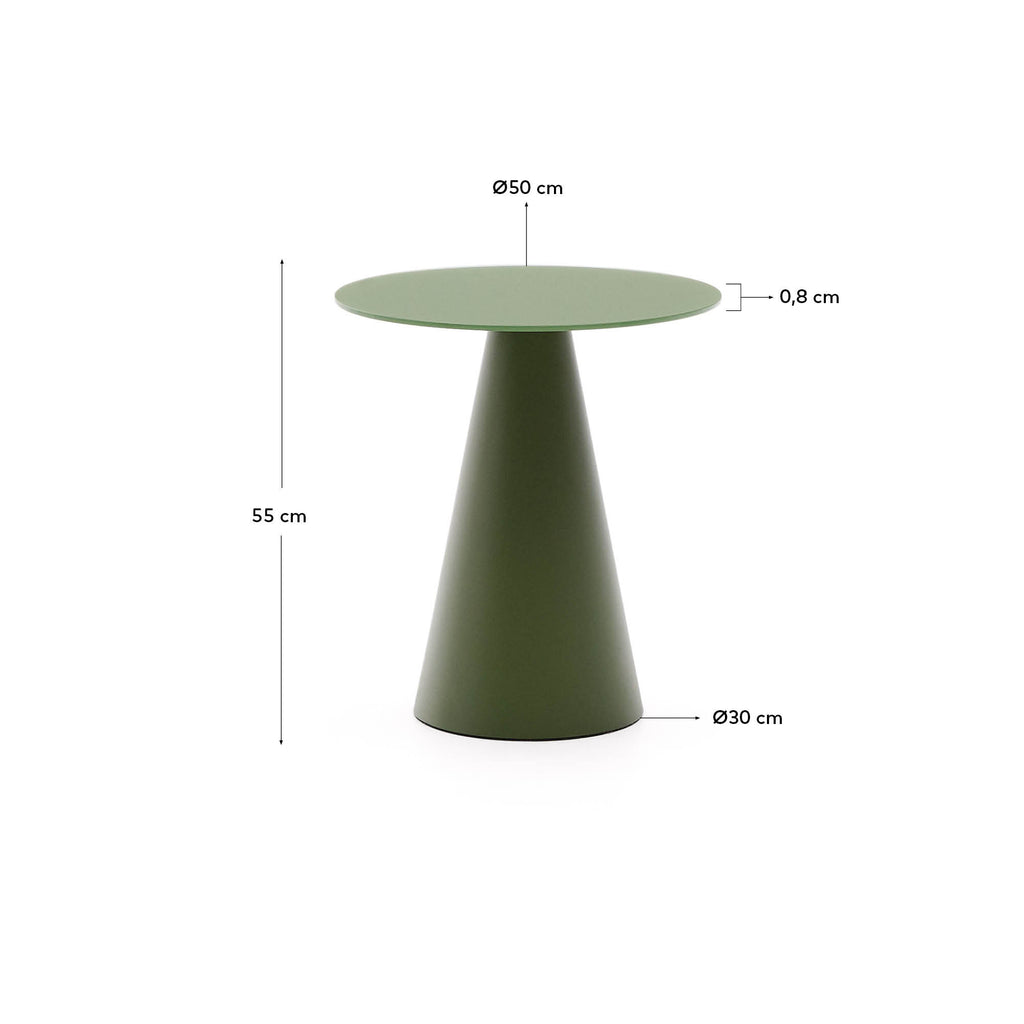 Mesa auxiliar Wilshire vidrio templado glaseado y acero acabado pintado verde mate Ø50cm