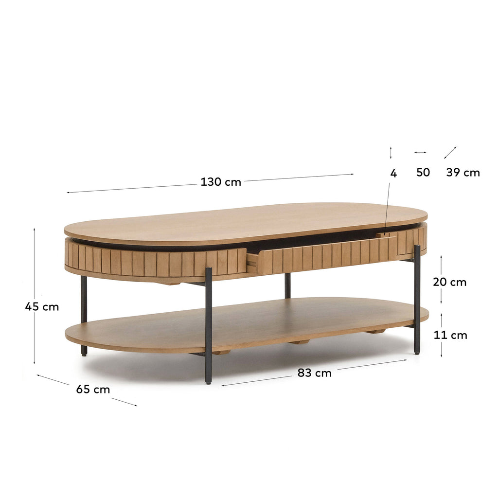 Mesa de centro Licia 1 cajón de madera maciza mango y metal pintado negro 130 x 65 cm