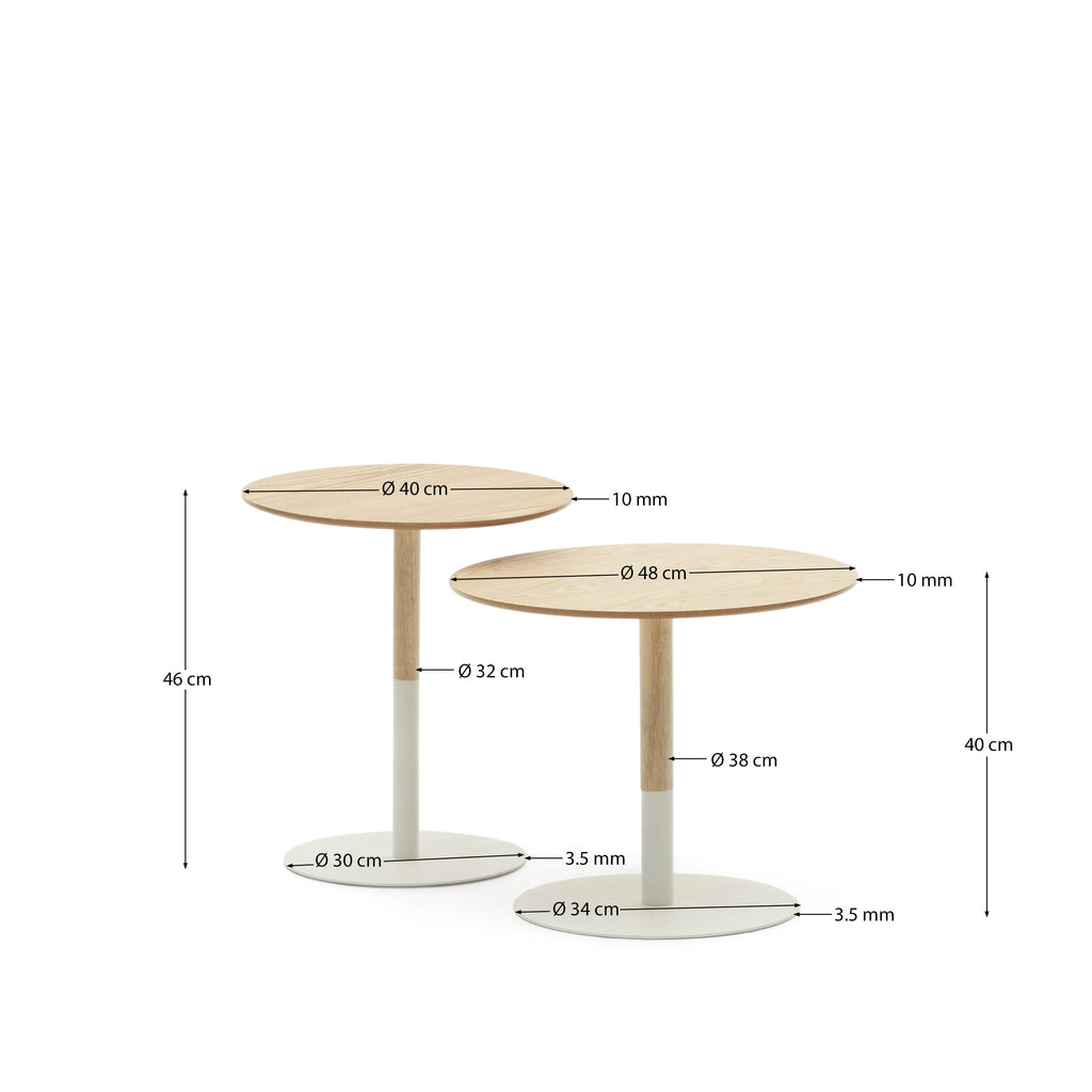 Set Watse de 2 mesas auxiliares chapa roble y metal pintado blanco mate Ø 40 cm/Ø 48 cm