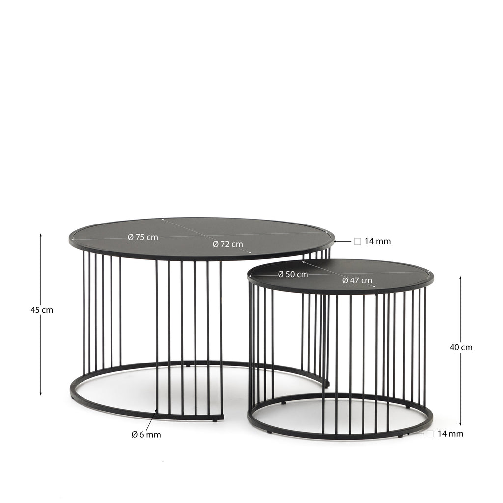 Lot de 2 tables appoint gigognes Hadar verre trempé et métal peint en noir Ø75cm / Ø 45cm