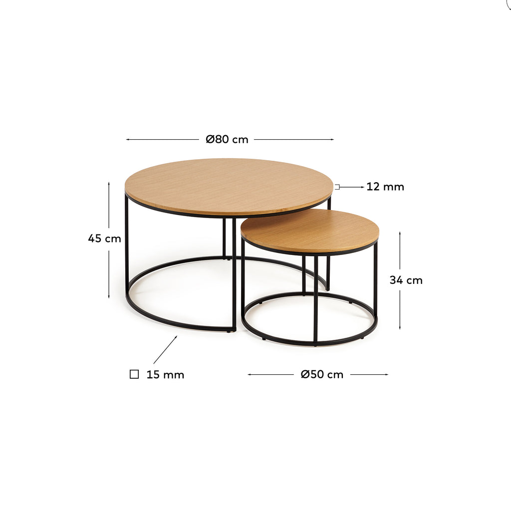 Ensemble 2 tables d'appoint gigognes Yoana placage de chêne et métal noir Ø 80 cm/Ø 50 cm