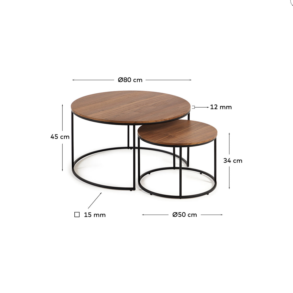 Ensemble 2 tables d'appoint gigognes Yoana placage de noyer et métal noir Ø 80 cm/Ø 50 cm