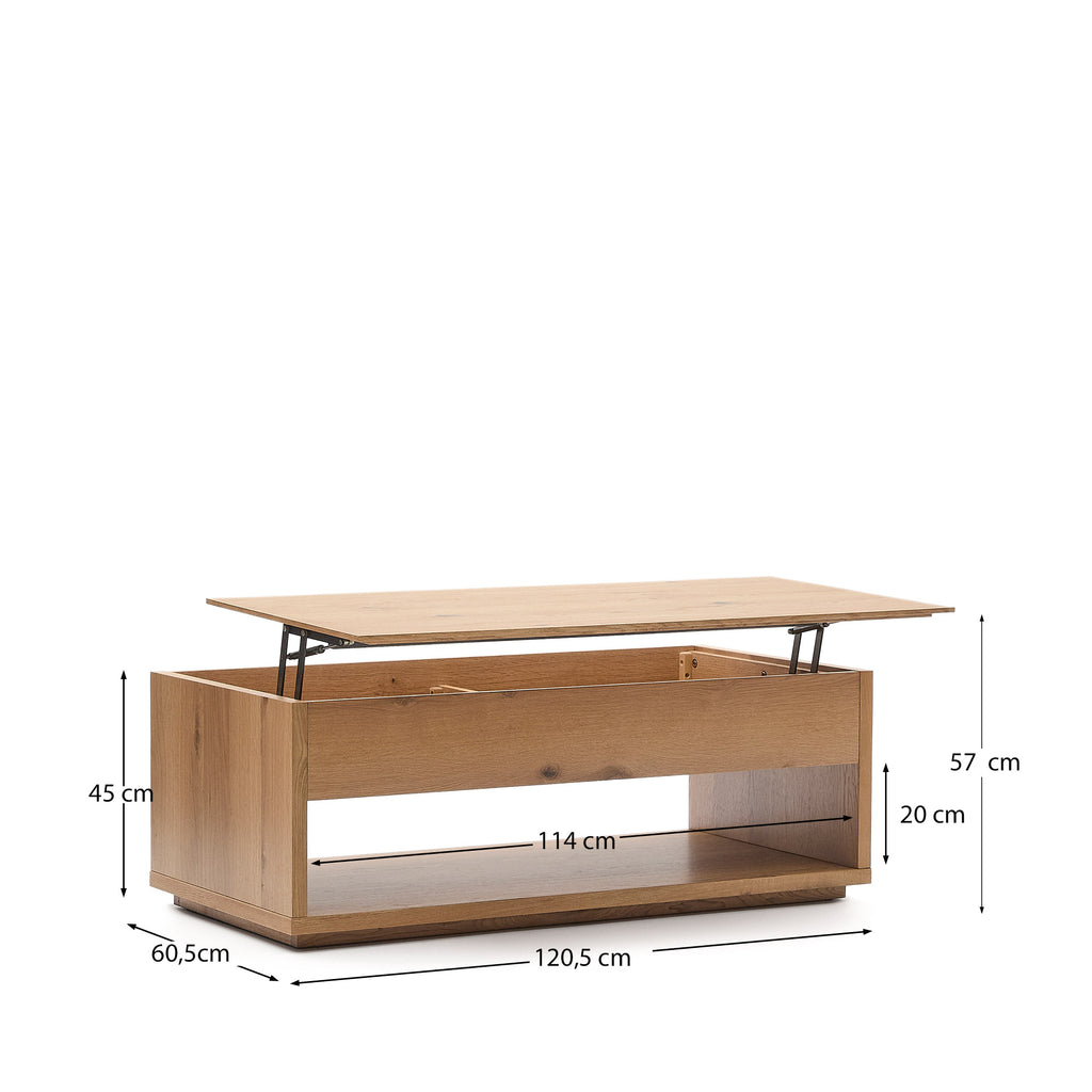 Taula de centre elevable Alguema en xapa de roure amb acabat natural 120 x 60 cm