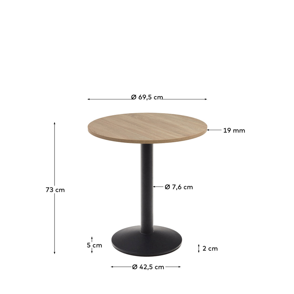 Taula rodona Esilda melamina acabat natural amb peu metall amb acabat pintat negre Ø70x70 cm