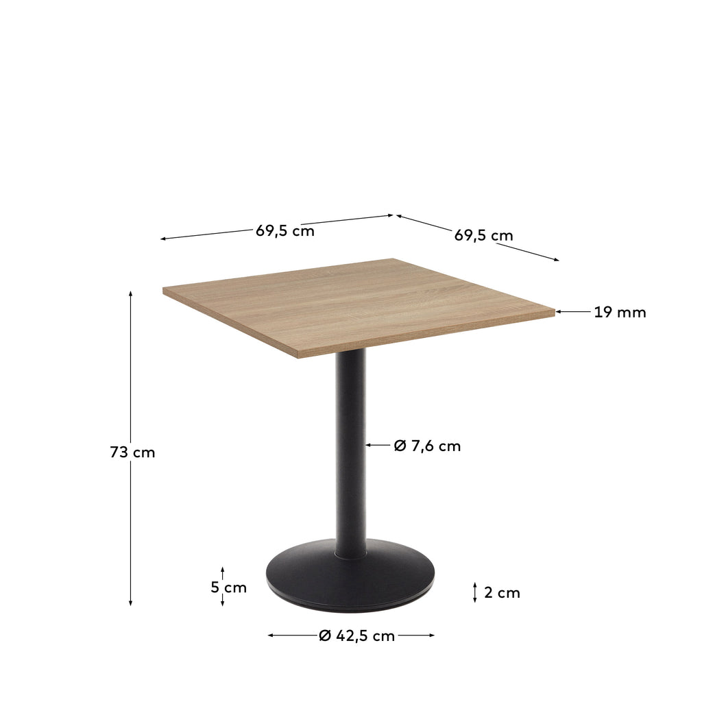 Table Esilda mélamine finition naturelle avec pied en métal et finition peinte noire  70x70x70 cm