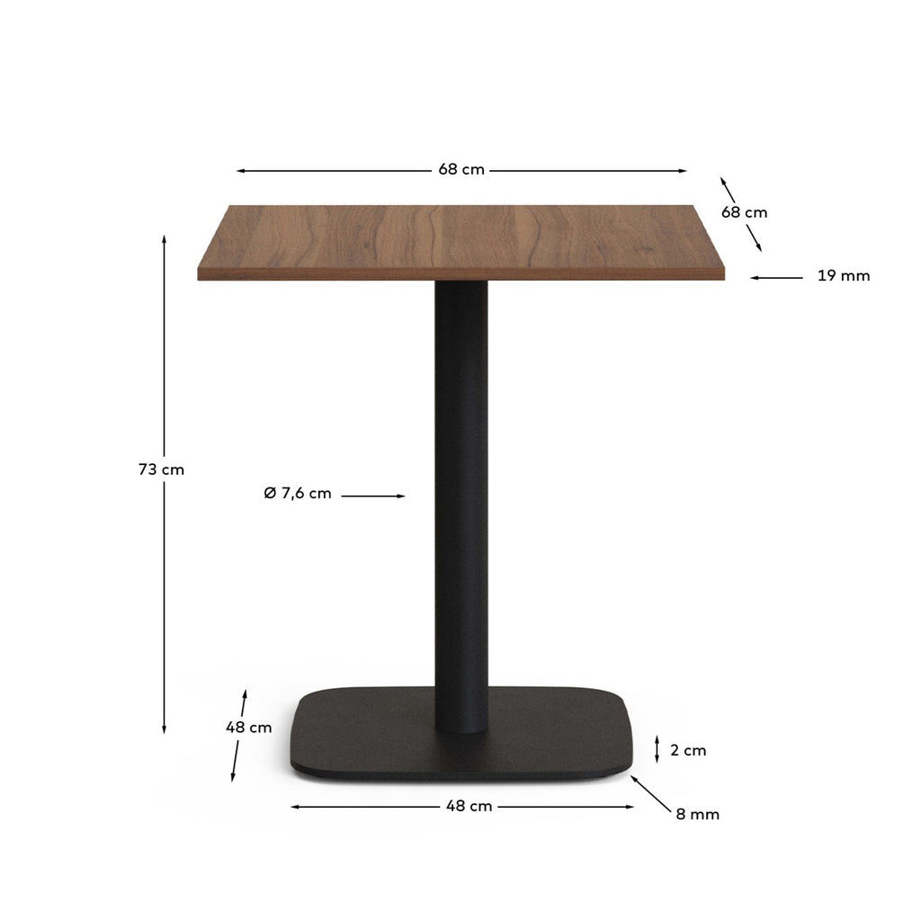 Mesa Dina melamina acabado nogal con pie de metal acabado pintado negro 70 x 70 x 70 cm