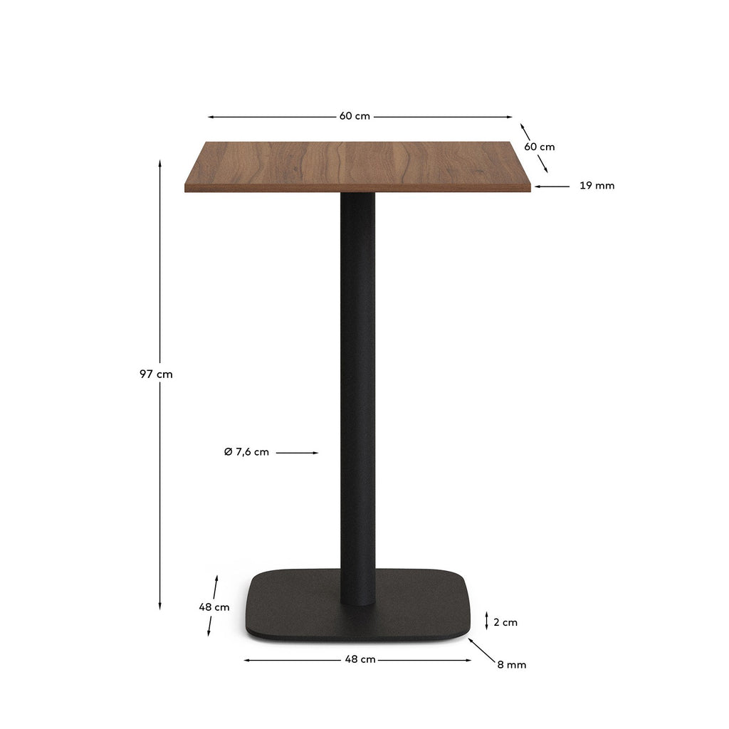 Taula alta Dina melamina acabat noguera amb peu de metall acabat pintat negre 60x60x96 cm