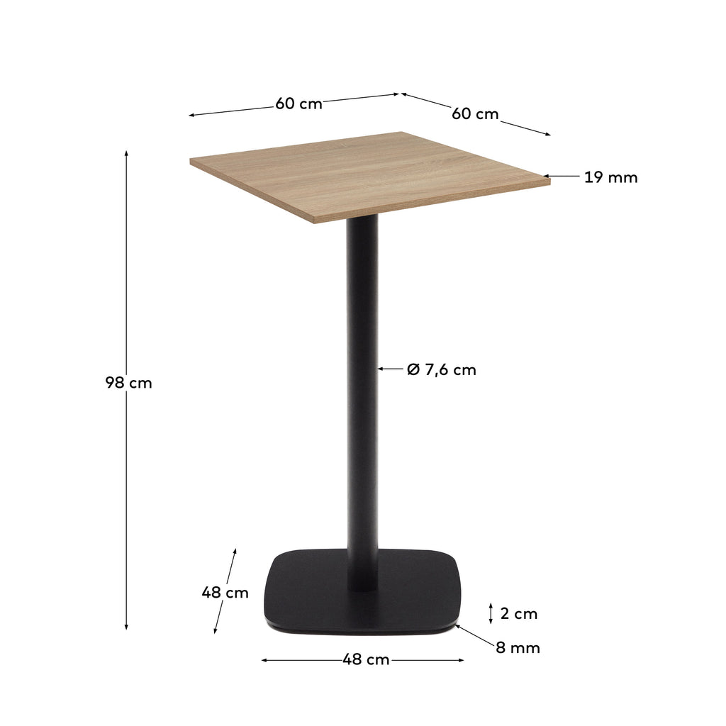 Mesa alta Dina melamina acabado natural con pie de metal acabado pintado negro 60x60x96 cm