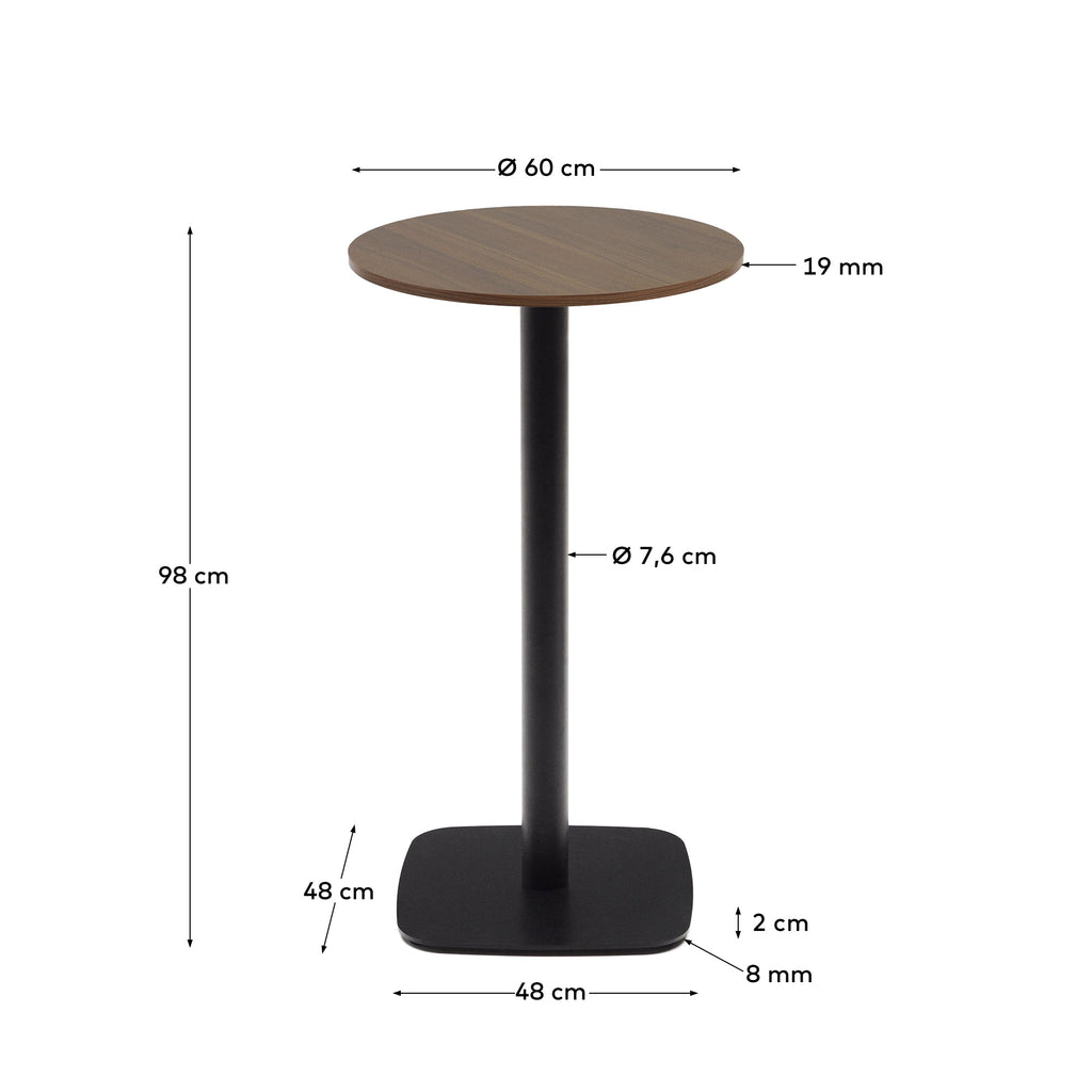 Mesa redonda alta Dina melamina acabado nogal y pie metal acabado pintado negro Ø60x96 cm
