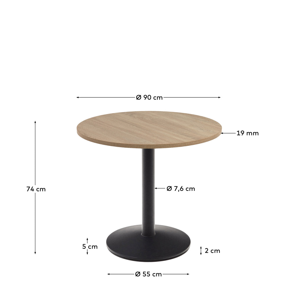 Mesa redonda Esilda melamina acabado natural pie metal con acabado pintado negro Ø90x70cm