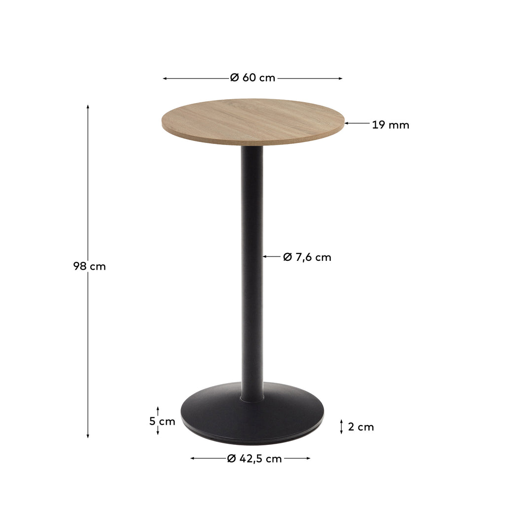 Taula alta rodona Esilda melamina acabat natural peu metall acabat pintat negre Ø60x96cm