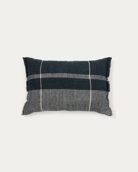 Housse de coussin Eron en lin à carreaux et franges bleue 40 x 60 cm
