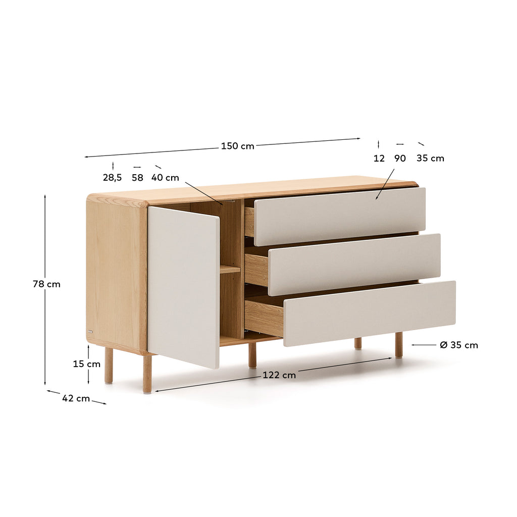 Aparador Anielle 1 porta i 3 calaixos de fusta massissa i xapa de freixe 150 x 78 cm