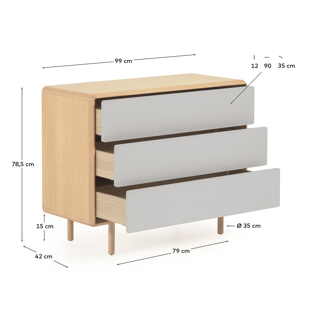 Còmoda Anielle de 3 calaixos de fusta massissa i xapa de freixe 99 x 78,5 cm
