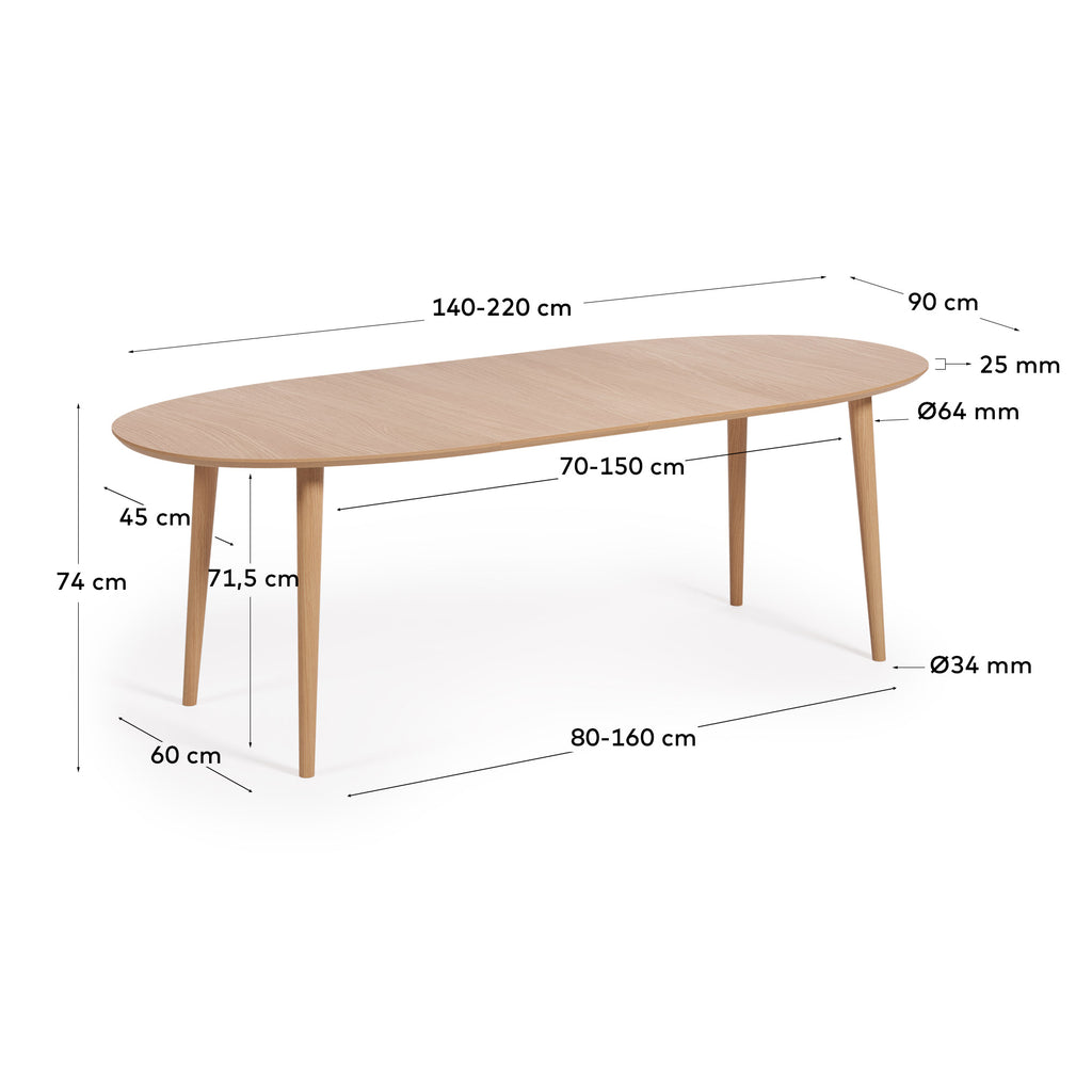 Taula extensible oval Oqui en xapa de roure i potes de fusta massissa Ø 140 (220) x 90 cm