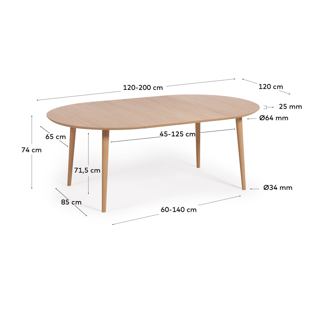 Taula extensible rodona Oqui xapa de roure i potes de fusta massissa Ø 120 (200) x 120 cm